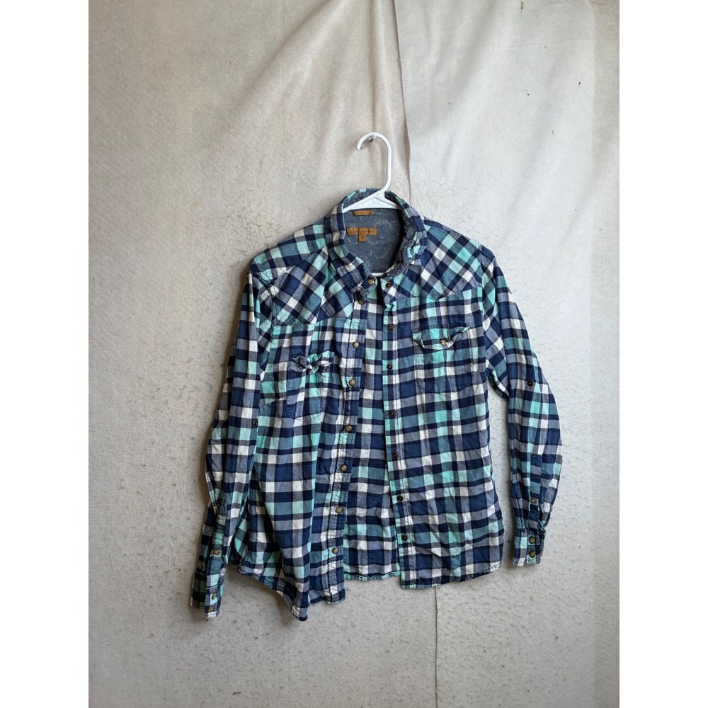 Jachs Girlfriend Bea Plaid Button Down Shirt Blue Mint Green Western Cotton M